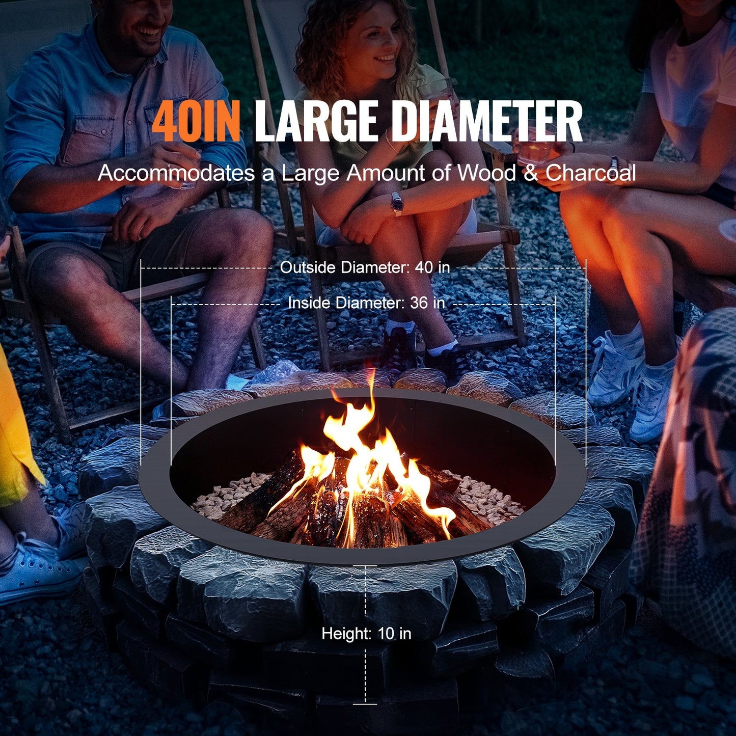 Fire Pit Ring, 40-Inch Outer/36-Inch Inner Diameter, 10inch Height 2.5mm Thick Fire Pit Insert, Heavy Duty Carbon Steel Liner DIY Campfire Ring above or In-Ground, for Outdoor Camping, Bonfires - Image 3