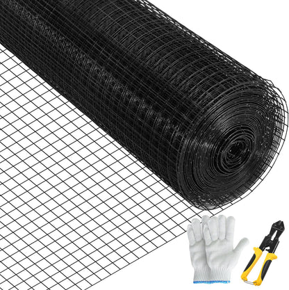 Hardware Cloth, 24\" x50\' & 1\"x1\" Mesh Size, Galvanized Steel Vinyl Coated 16 Gauge Welded Wire with A Cutting Plier & A Pair of Fabric Gloves, for Garden Fencing & Pet Enclosures, Black