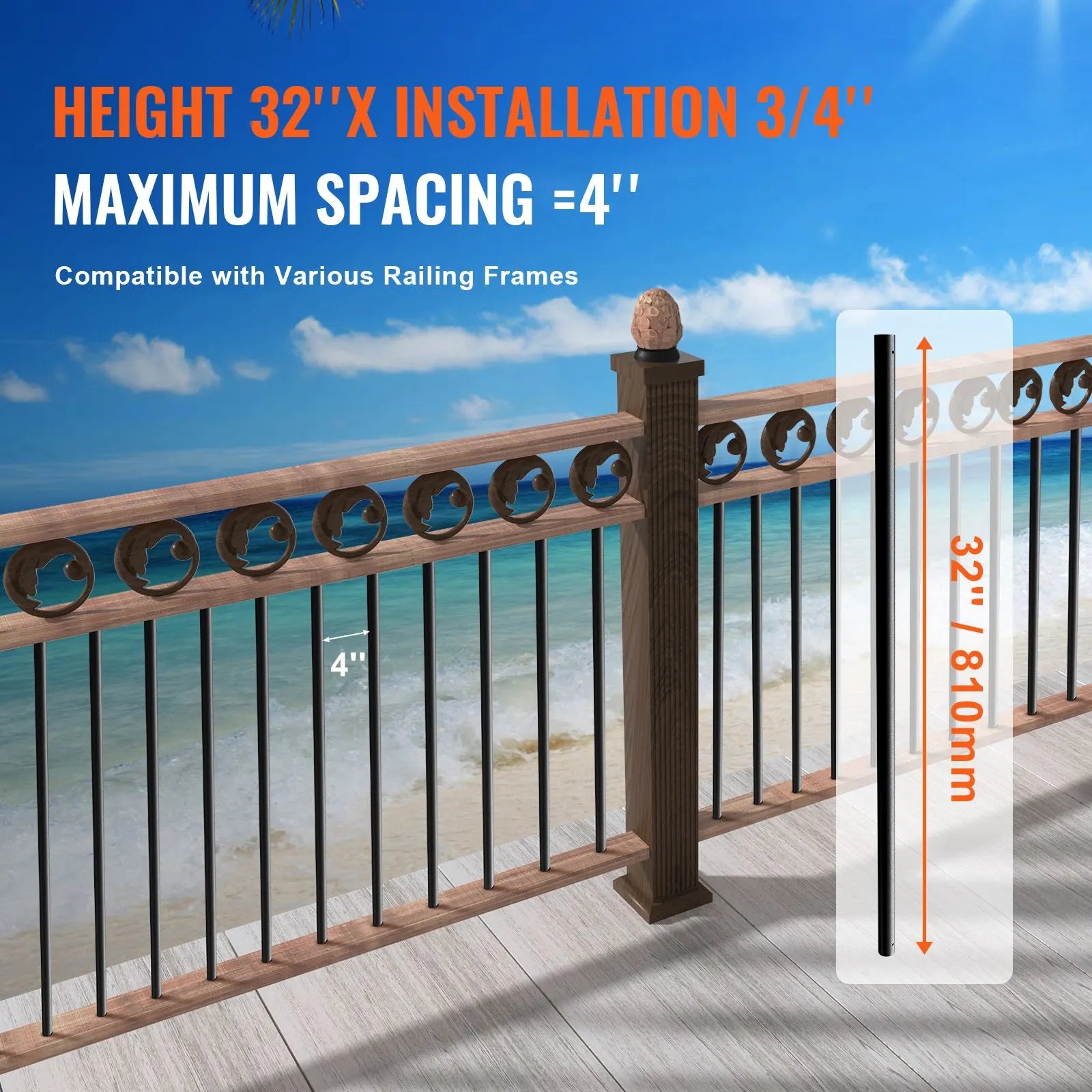Staircase Metal Balusters, 3/4'' Round x 32'' Long Aluminum Decorative Banister Spindles, 101 Pack Deck Baluster with Screws, Classic Hollow Deck Railing Satin Black Powder Coated for Porch - Image 3