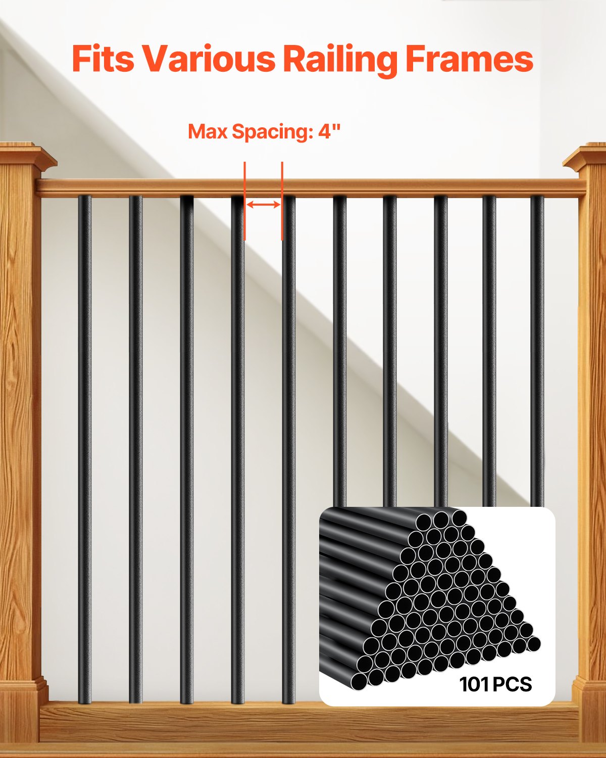 Staircase Balusters 101 Pack, 660 mm Aluminum Stair Balusters, 19 mm Water-Proof Round Metal Spindle Railing, Hollow Deck Railing with Rail Caps & Screws for Stairs, Porch, Patio, Matte Black - Image 4