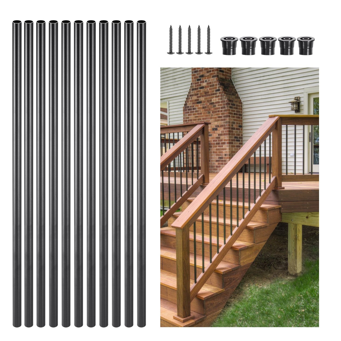 Staircase Balusters 101 Pack, 660 mm Aluminum Stair Balusters, 19 mm Water-Proof Round Metal Spindle Railing, Hollow Deck Railing with Rail Caps & Screws for Stairs, Porch, Patio, Matte Black - Image 9
