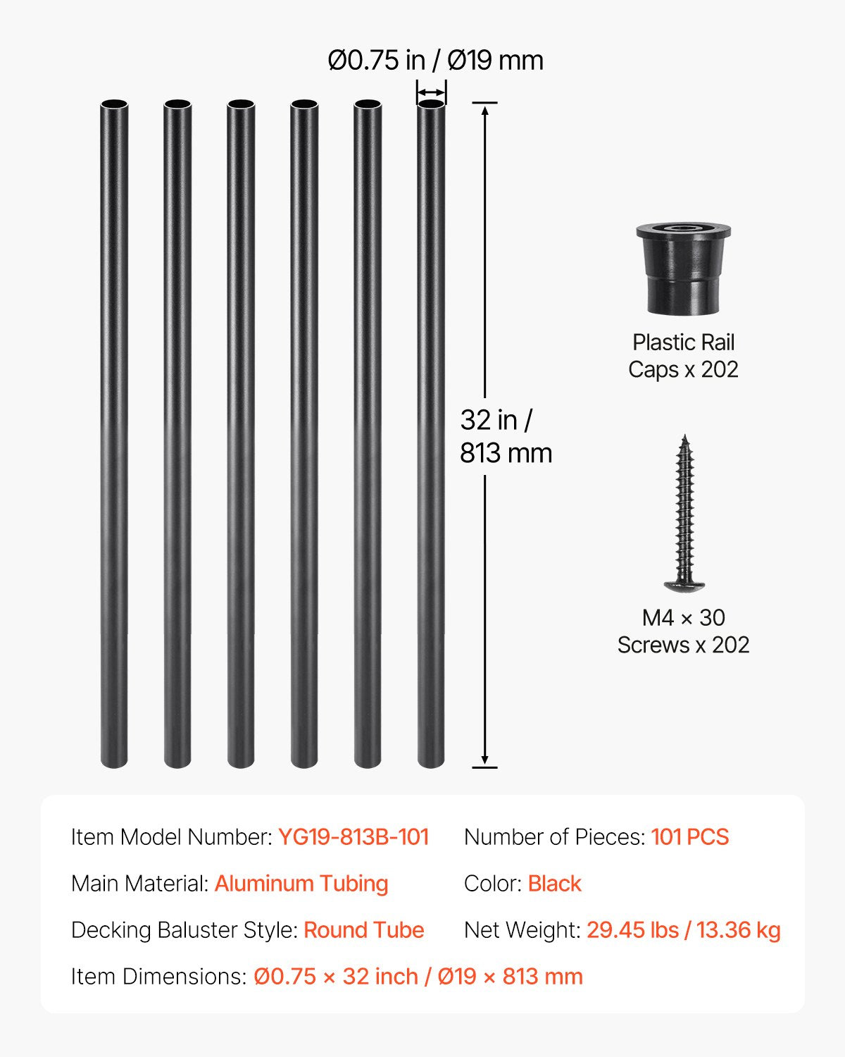 Staircase Balusters 101 Pack, 32 In Aluminum Stair Balusters, 3/4 In Water-Proof Round Metal Spindle Railing, Hollow Deck Railing with Rail Caps & Screws for Stairs, Porch, Patio, Fence, Black - Image 7