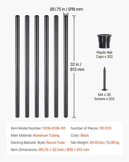 Staircase Balusters 101 Pack, 32 In Aluminum Stair Balusters, 3/4 In Water-Proof Round Metal Spindle Railing, Hollow Deck Railing with Rail Caps & Screws for Stairs, Porch, Patio, Fence, Black - Image 7