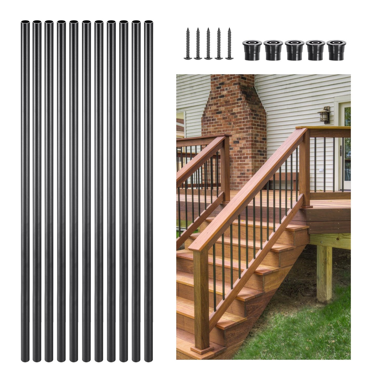 Staircase Balusters 101 Pack, 32 In Aluminum Stair Balusters, 3/4 In Water-Proof Round Metal Spindle Railing, Hollow Deck Railing with Rail Caps & Screws for Stairs, Porch, Patio, Fence, Black - Image 9