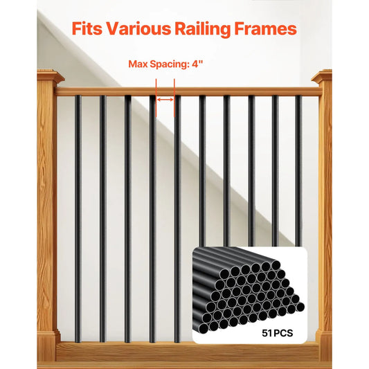 Staircase Balusters 51 Pack, 660 mm Aluminum Stair Balusters, 19 mm Water-Proof Round Metal Spindle Railing, Hollow Deck Railing with Rail Caps & Screws for Stairs, Porch, Patio, Fence, Black - Image 4