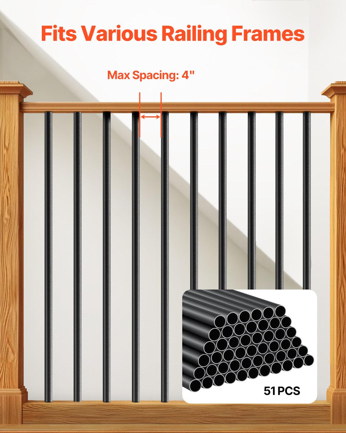 Staircase Balusters 51 Pack, 660 mm Aluminum Stair Balusters, 19 mm Water-Proof Round Metal Spindle Railing, Hollow Deck Railing with Rail Caps & Screws for Stairs, Porch, Patio, Fence, Black - Image 4
