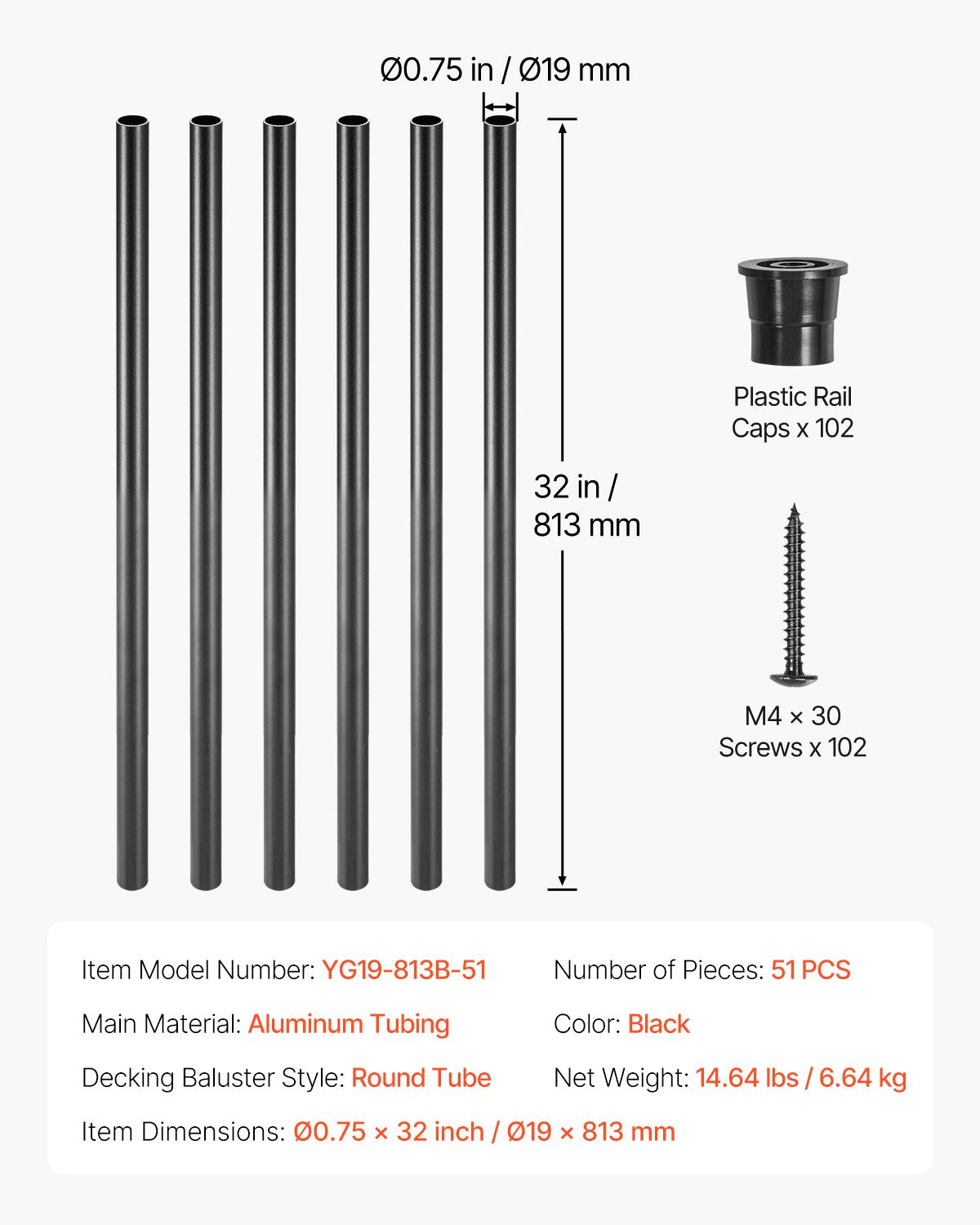 Staircase Balusters 51 Pack, 813 mm Aluminum Stair Balusters, 19 mm Water-Proof Round Metal Spindle Railing, Hollow Deck Railing with Rail Caps & Screws for Stairs, Porch, Patio, Matte Black - Image 7