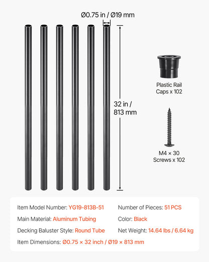 Staircase Balusters 51 Pack, 813 mm Aluminum Stair Balusters, 19 mm Water-Proof Round Metal Spindle Railing, Hollow Deck Railing with Rail Caps & Screws for Stairs, Porch, Patio, Matte Black - Image 7
