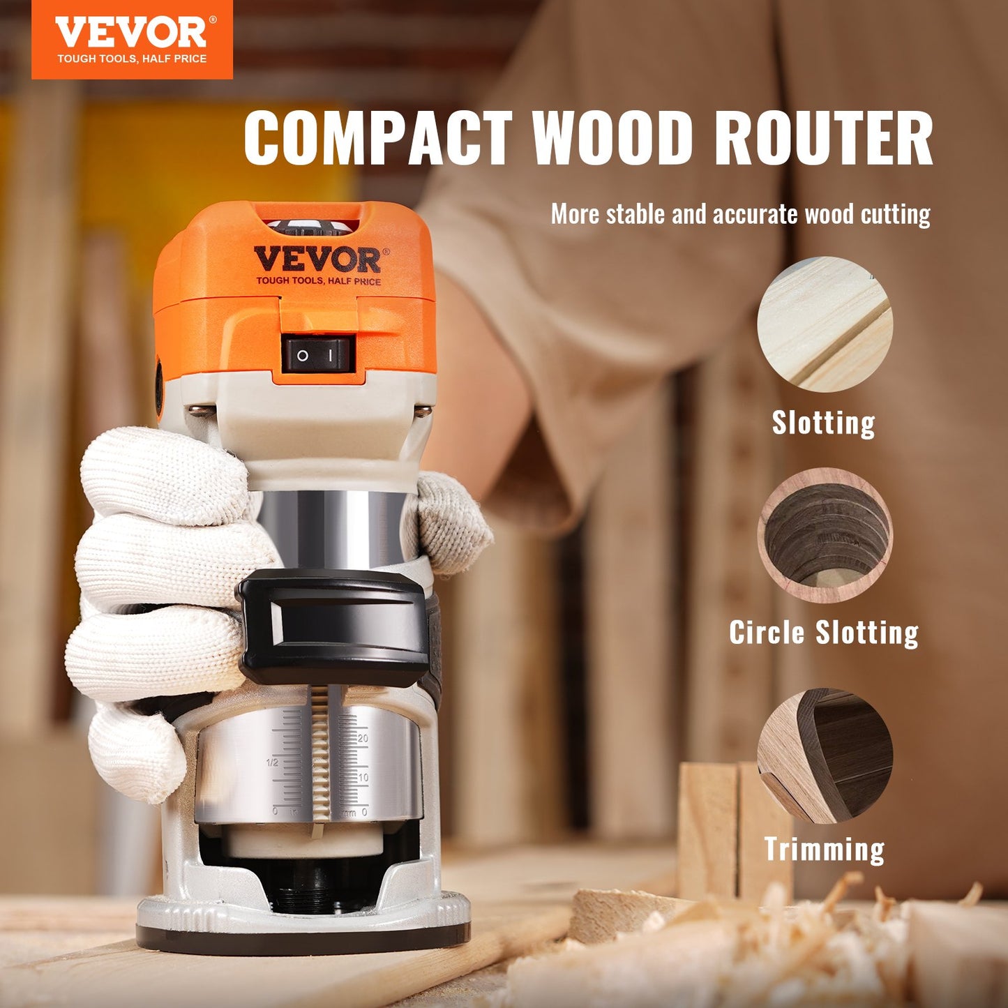 Wood Router, 1.25HP 800W, Compact Wood Trimmer Router Tool, 30000RPM Max Speed 6 Variable Speeds, with 1/4'' & 5/16'' Collets 12 PCs Milling Cutters Dust Hood, for Woodworking Slotting Trimming - Image 2