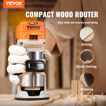 Wood Router, 1.25HP 800W, Compact Wood Trimmer Router Tool, 30000RPM Max Speed 6 Variable Speeds, with 1/4'' & 5/16'' Collets 12 PCs Milling Cutters Dust Hood, for Woodworking Slotting Trimming - Image 2