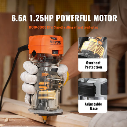 Wood Router, 1.25HP 800W, Compact Wood Trimmer Router Tool, 30000RPM Max Speed 6 Variable Speeds, with 1/4'' & 5/16'' Collets 12 PCs Milling Cutters Dust Hood, for Woodworking Slotting Trimming - Image 3