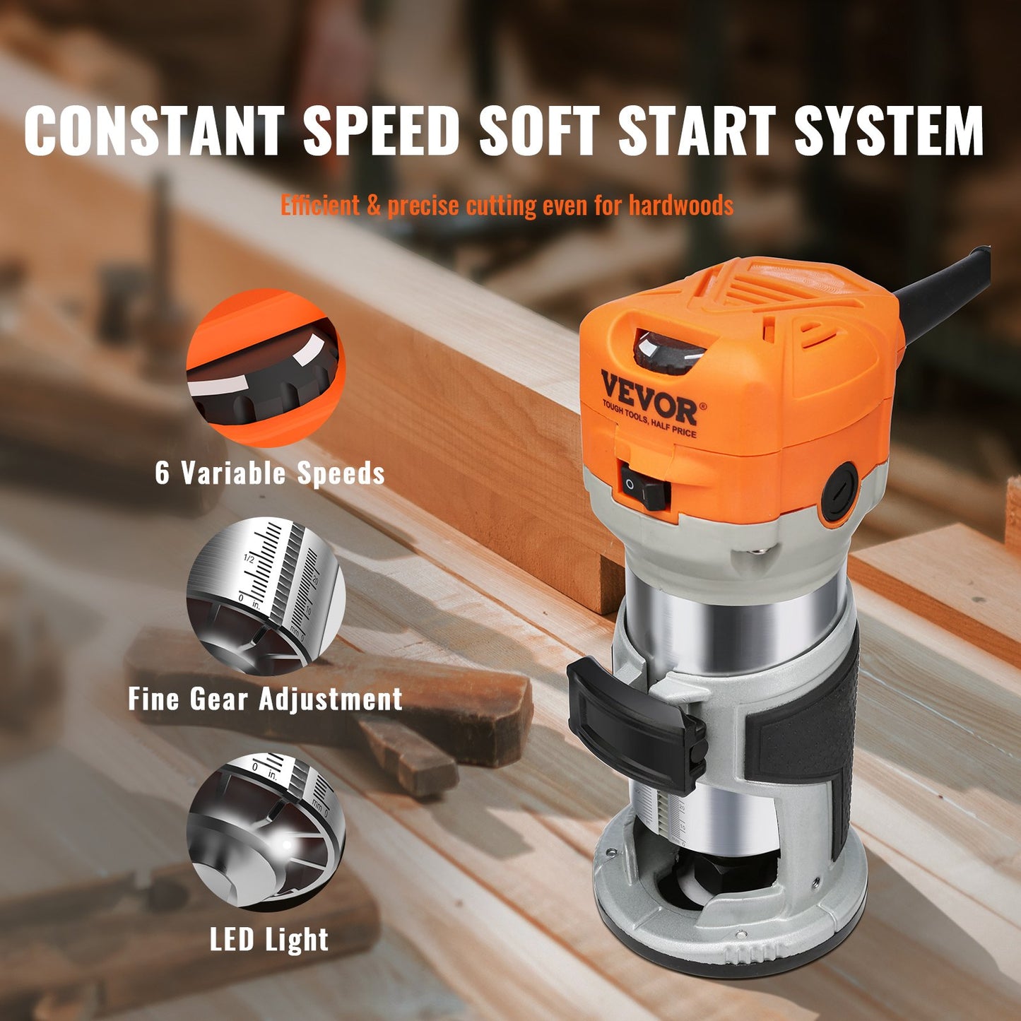 Wood Router, 1.25HP 800W, Compact Wood Trimmer Router Tool, 30000RPM Max Speed 6 Variable Speeds, with 1/4'' & 5/16'' Collets 12 PCs Milling Cutters Dust Hood, for Woodworking Slotting Trimming - Image 4