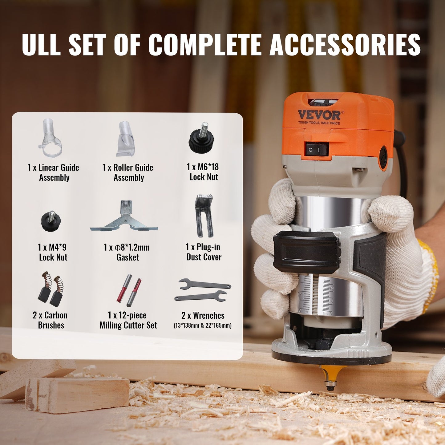 Wood Router, 1.25HP 800W, Compact Wood Trimmer Router Tool, 30000RPM Max Speed 6 Variable Speeds, with 1/4'' & 5/16'' Collets 12 PCs Milling Cutters Dust Hood, for Woodworking Slotting Trimming - Image 6