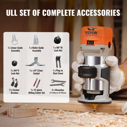 Wood Router, 1.25HP 800W, Compact Wood Trimmer Router Tool, 30000RPM Max Speed 6 Variable Speeds, with 1/4'' & 5/16'' Collets 12 PCs Milling Cutters Dust Hood, for Woodworking Slotting Trimming - Image 6