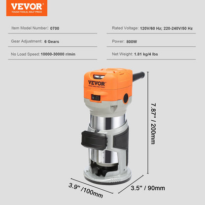 Wood Router, 1.25HP 800W, Compact Wood Trimmer Router Tool, 30000RPM Max Speed 6 Variable Speeds, with 1/4'' & 5/16'' Collets 12 PCs Milling Cutters Dust Hood, for Woodworking Slotting Trimming - Image 7