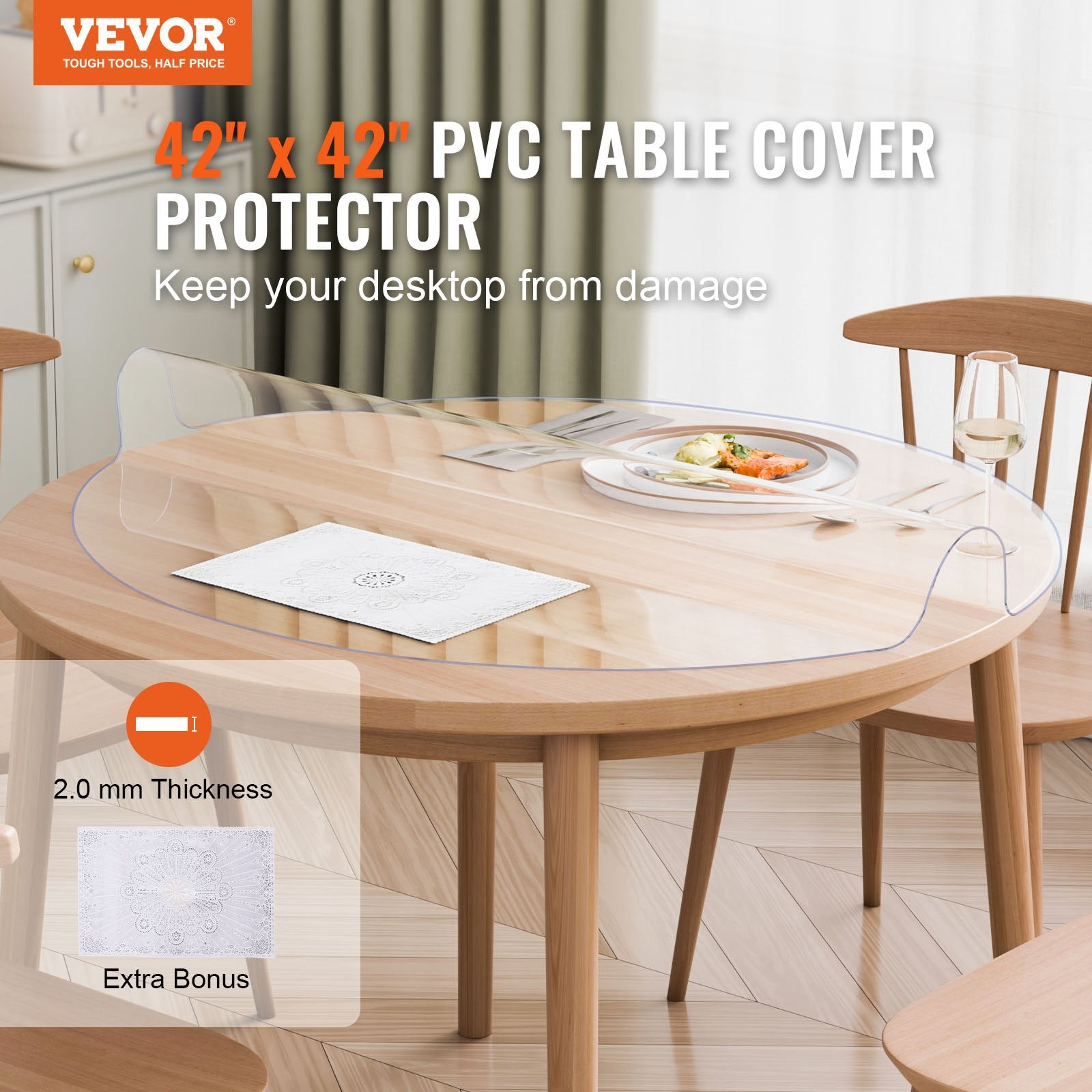 Plastic Table Cover, 42 x 42 Inch 2.0 mm Thick Clear Table Protector, Round PVC Desk Mat, Waterproof & Easy Cleaning Desk Pad Tablecloth, for Office Dresser Dining Room Table Night Stand - Image 2
