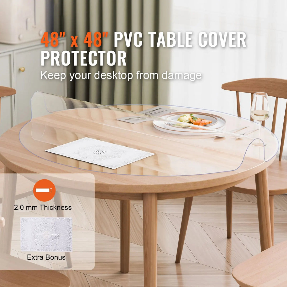 Plastic Table Cover, 48 x 48 Inch 2.0 mm Thick Clear Table Protector, Round PVC Desk Mat, Waterproof & Easy Cleaning Desk Pad Tablecloth, for Office Dresser Dining Room Table Night Stand - Image 2