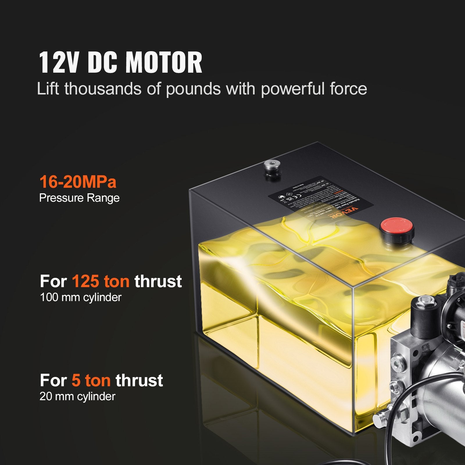 Hydraulic Pump, 4 Quart Hydraulic Power Unit, Single Acting Dump Trailer Pump, 0.91 GPM Flow Rate, 3200 PSI Max Relief Pressure, DC 12V Hydraulic Pump for Dump Trailer Car Lifting - Image 3
