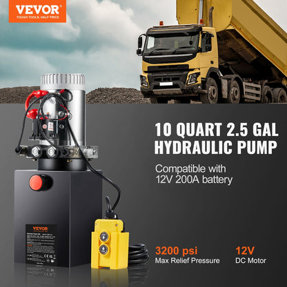Hydraulic Pump, 10 Quart Hydraulic Power Unit, Double Acting Dump Trailer Pump, 0.91 GPM Flow Rate, 3200 PSI Max Relief Pressure, DC 12V Hydraulic Pump for Dump Trailer Car Lifting - Image 2