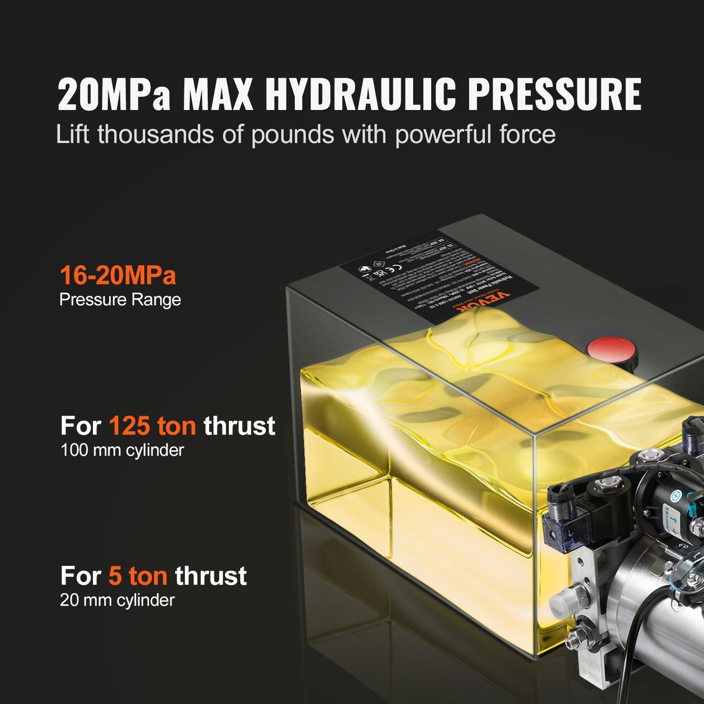 Hydraulic Pump, 10 Quart Hydraulic Power Unit, Double Acting Dump Trailer Pump, 0.91 GPM Flow Rate, 3200 PSI Max Relief Pressure, DC 12V Hydraulic Pump for Dump Trailer Car Lifting - Image 3
