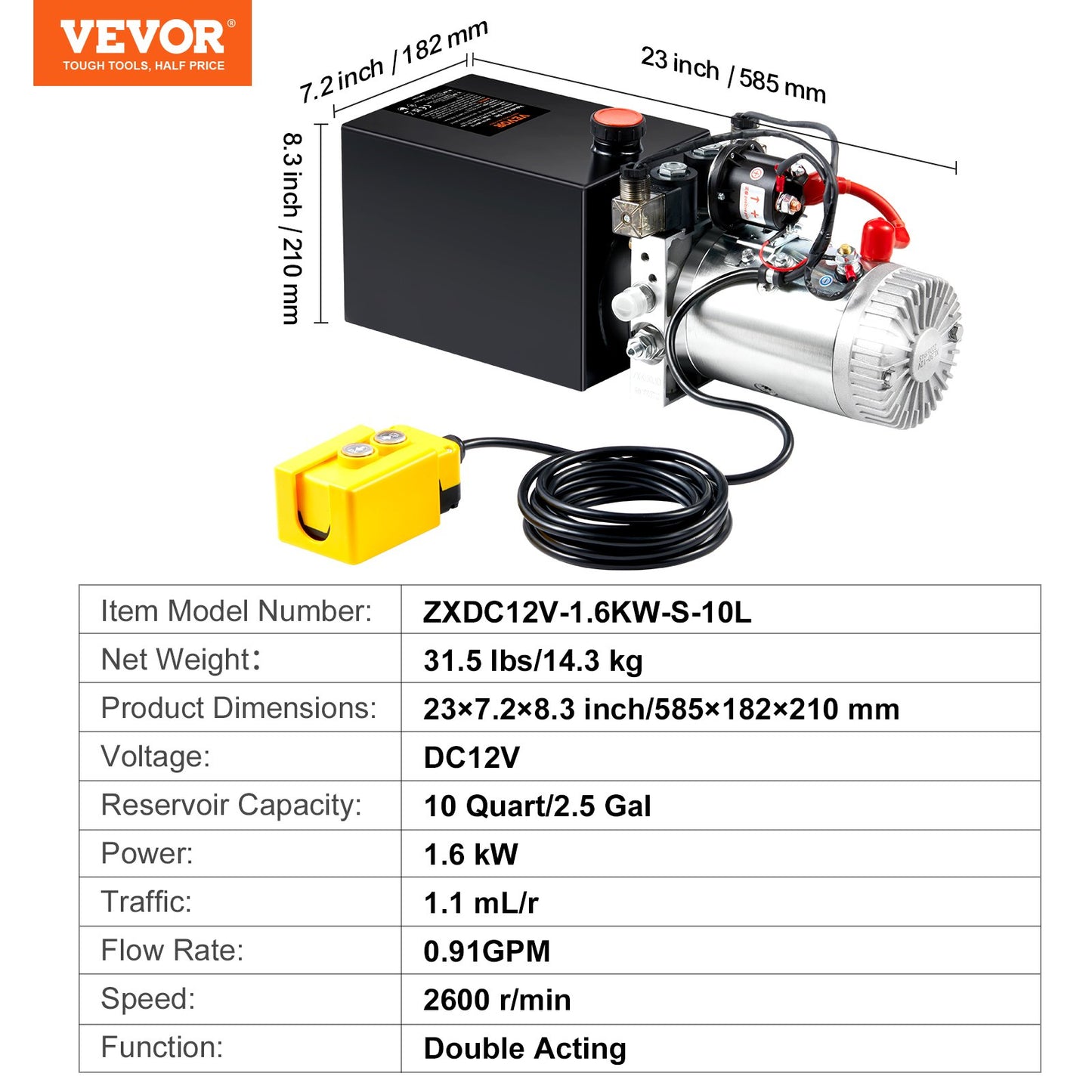 Hydraulic Pump, 10 Quart Hydraulic Power Unit, Double Acting Dump Trailer Pump, 0.91 GPM Flow Rate, 3200 PSI Max Relief Pressure, DC 12V Hydraulic Pump for Dump Trailer Car Lifting - Image 7