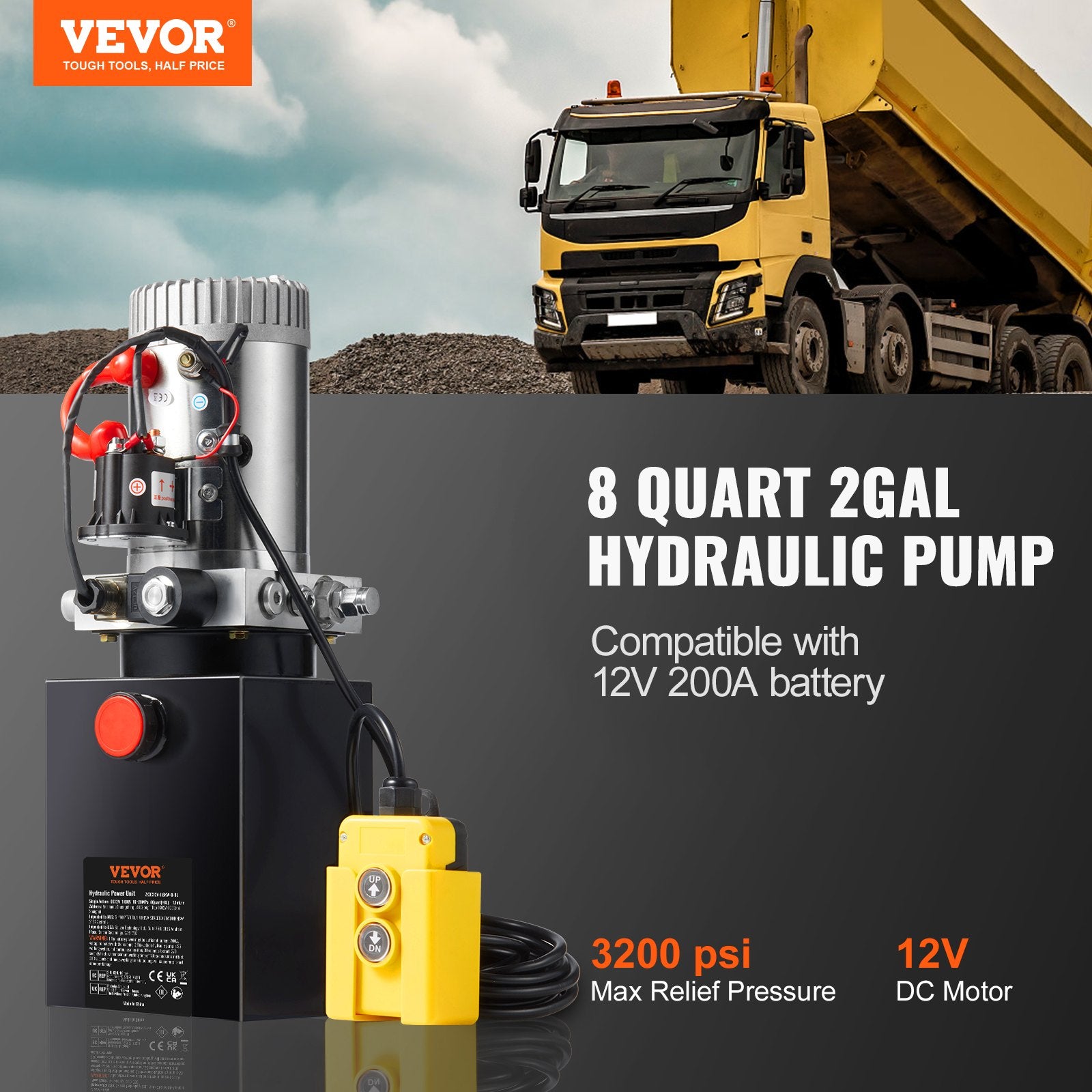 Hydraulic Pump, 8 Quart Hydraulic Power Unit, Single Acting Dump Trailer Pump, 0.91 GPM Flow Rate, 3200 PSI Max Relief Pressure, DC 12V Hydraulic Pump for Dump Trailer Car Lifting - Image 2