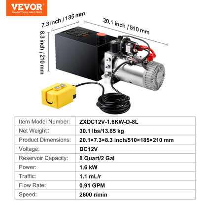 Hydraulic Pump, 8 Quart Hydraulic Power Unit, Single Acting Dump Trailer Pump, 0.91 GPM Flow Rate, 3200 PSI Max Relief Pressure, DC 12V Hydraulic Pump for Dump Trailer Car Lifting - Image 7
