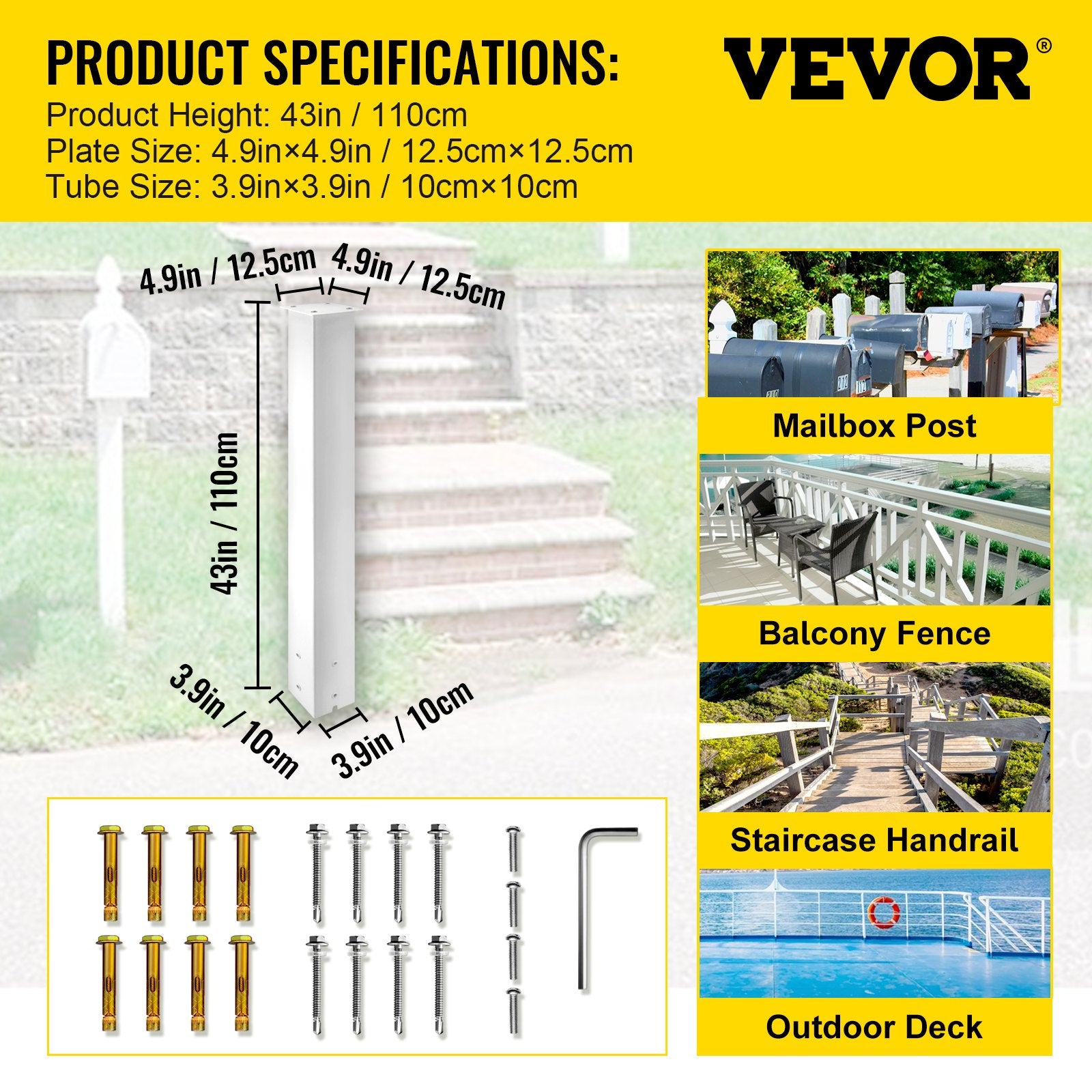 Mailbox Post, 43\" High Mailbox Stand, White Powder-Coated Mail Box Post Kit, Q235 Steel Post Stand Surface Mount Post for Sidewalk and Street Curbside, Universal Mail Post for Outdoor Mailbox - Image 7