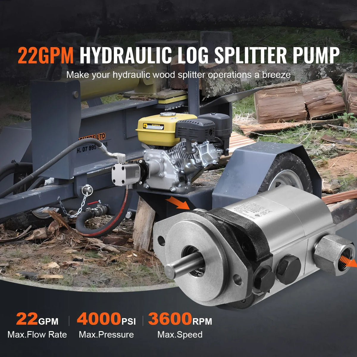 Hydraulic Log Splitter Pump, 22GPM, 2 Stage 4000PSI Wood Log Splitter Pump, 1'' Inlet 3/4'' NPT Outlet 3600 RPM Aluminum Hydraulic Gear Pump, for Small Engine Mounting Log Splitters Snowplow - Image 2