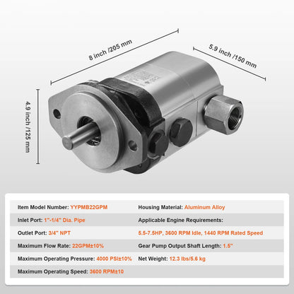 Hydraulic Log Splitter Pump, 22GPM, 2 Stage 4000PSI Wood Log Splitter Pump, 1'' Inlet 3/4'' NPT Outlet 3600 RPM Aluminum Hydraulic Gear Pump, for Small Engine Mounting Log Splitters Snowplow - Image 7