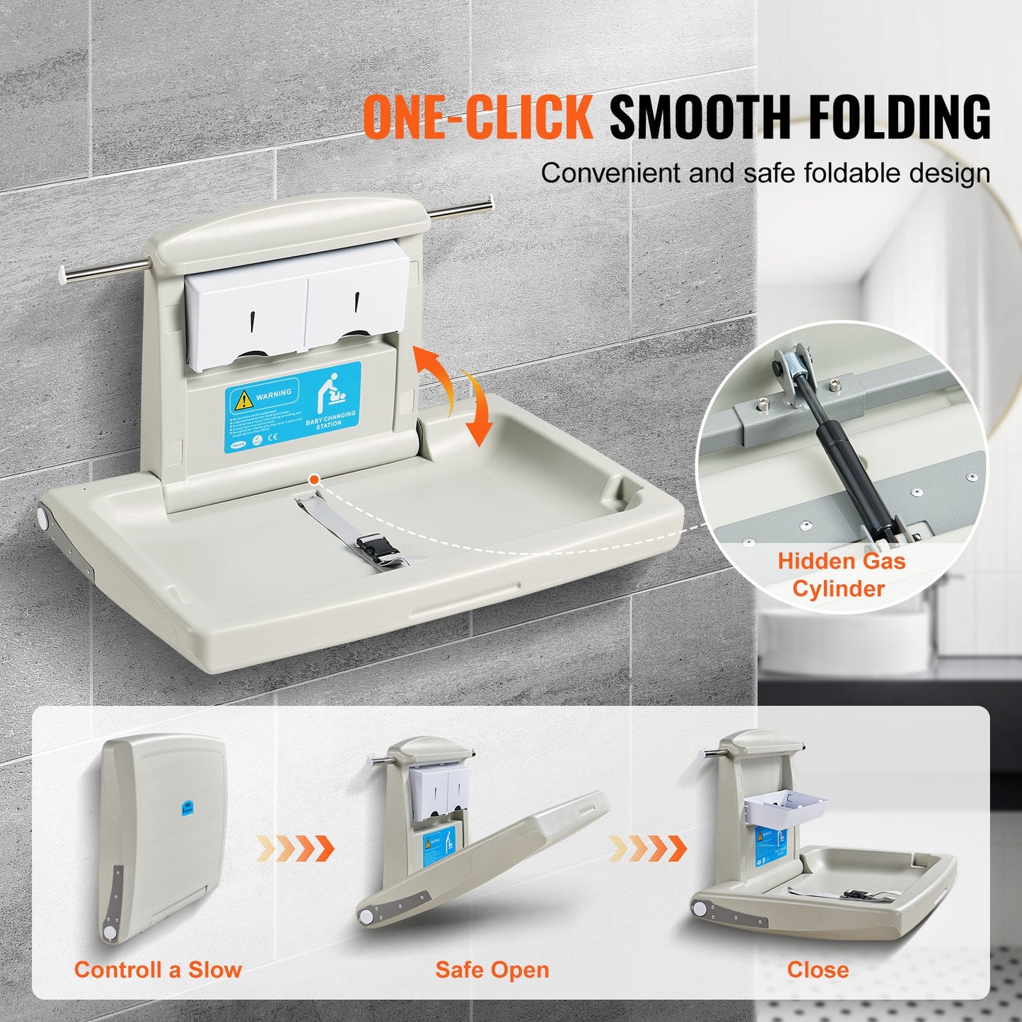Wall-Mounted Baby Changing Station, Horizontal Foldable Diaper Change Table with Safety Straps and Hanging Rods, Use in Commercial Bathrooms, Daycare Centers for Newborns & Infant - Image 3