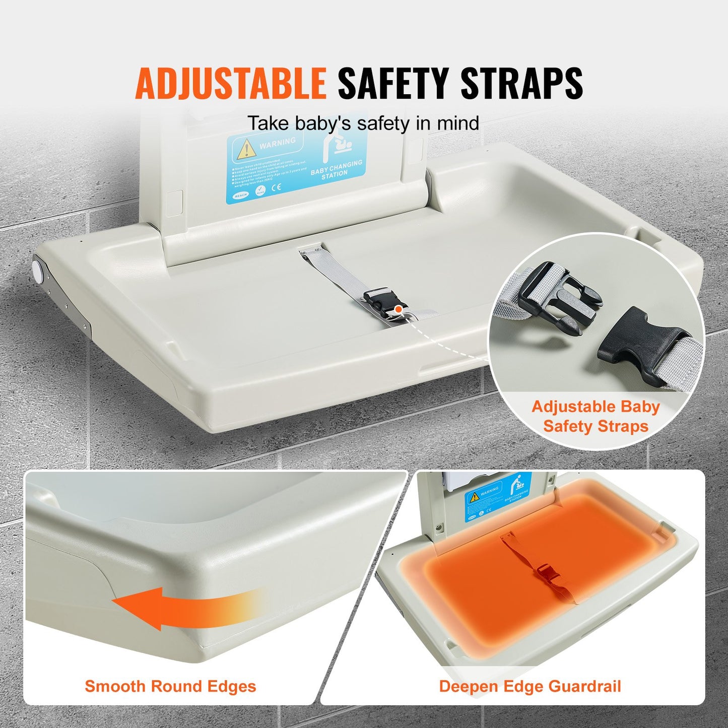 Wall-Mounted Baby Changing Station, Horizontal Foldable Diaper Change Table with Safety Straps and Hanging Rods, Use in Commercial Bathrooms, Daycare Centers for Newborns & Infant - Image 4
