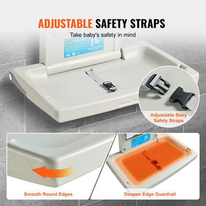 Wall-Mounted Baby Changing Station, Horizontal Foldable Diaper Change Table with Safety Straps and Hanging Rods, Use in Commercial Bathrooms, Daycare Centers for Newborns & Infant - Image 4