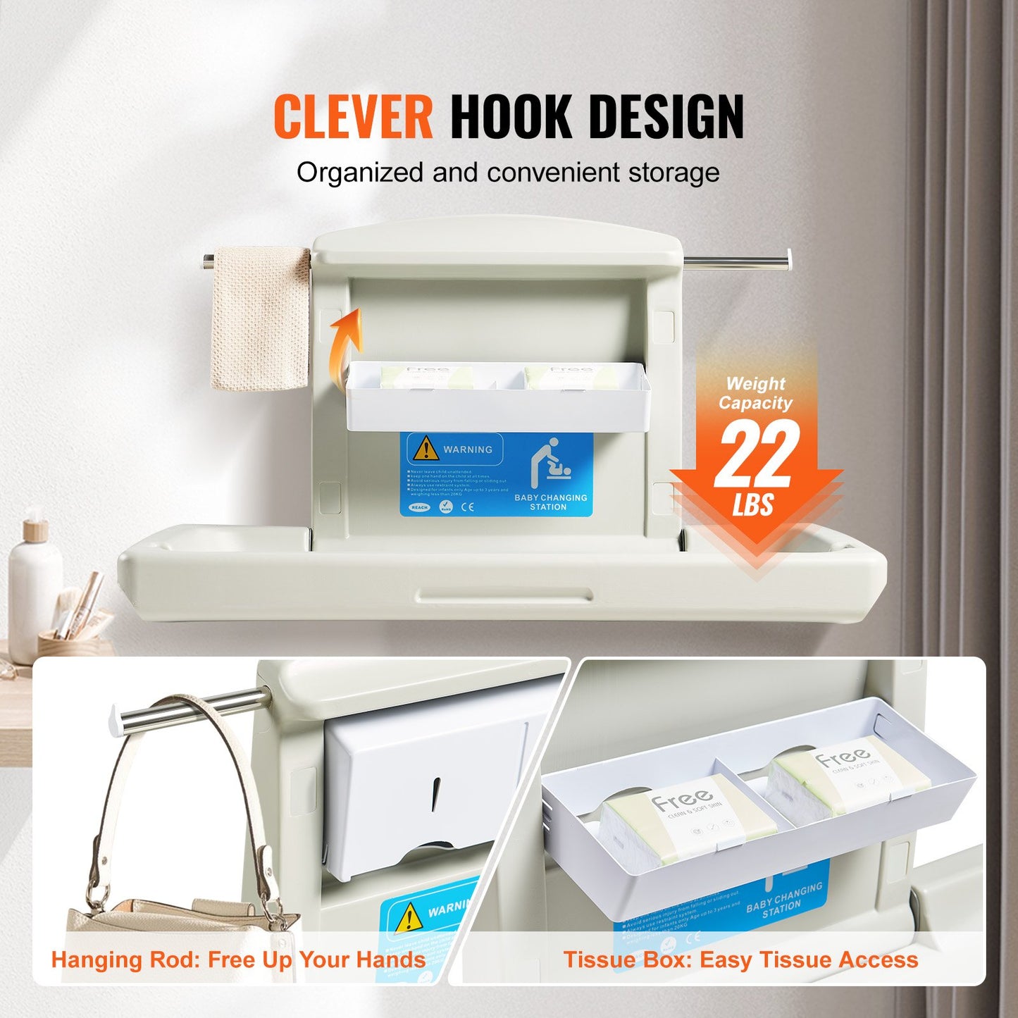 Wall-Mounted Baby Changing Station, Horizontal Foldable Diaper Change Table with Safety Straps and Hanging Rods, Use in Commercial Bathrooms, Daycare Centers for Newborns & Infant - Image 5