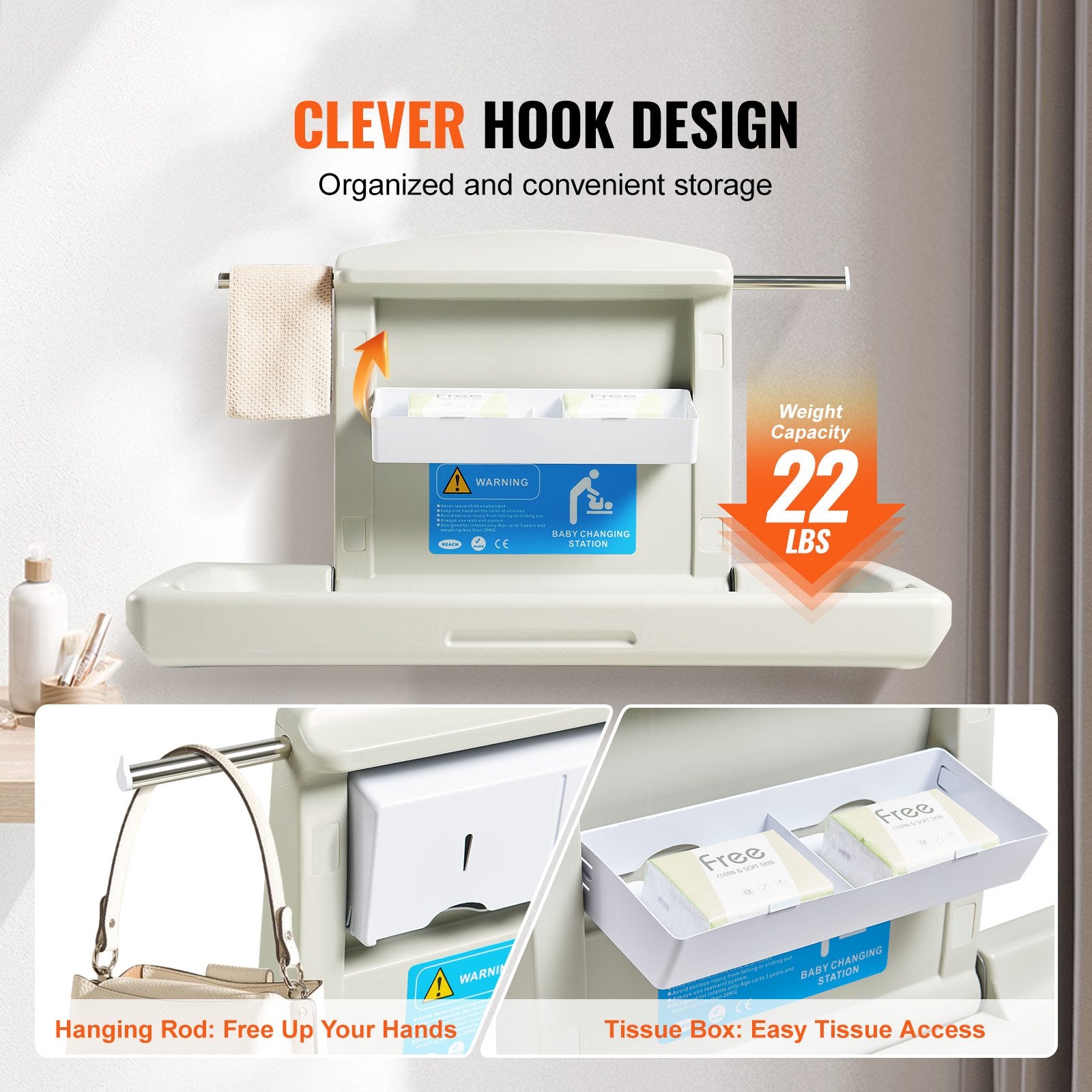 Wall-Mounted Baby Changing Station, Horizontal Foldable Diaper Change Table with Safety Straps and Hanging Rods, Use in Commercial Bathrooms, Daycare Centers for Newborns & Infant - Image 5