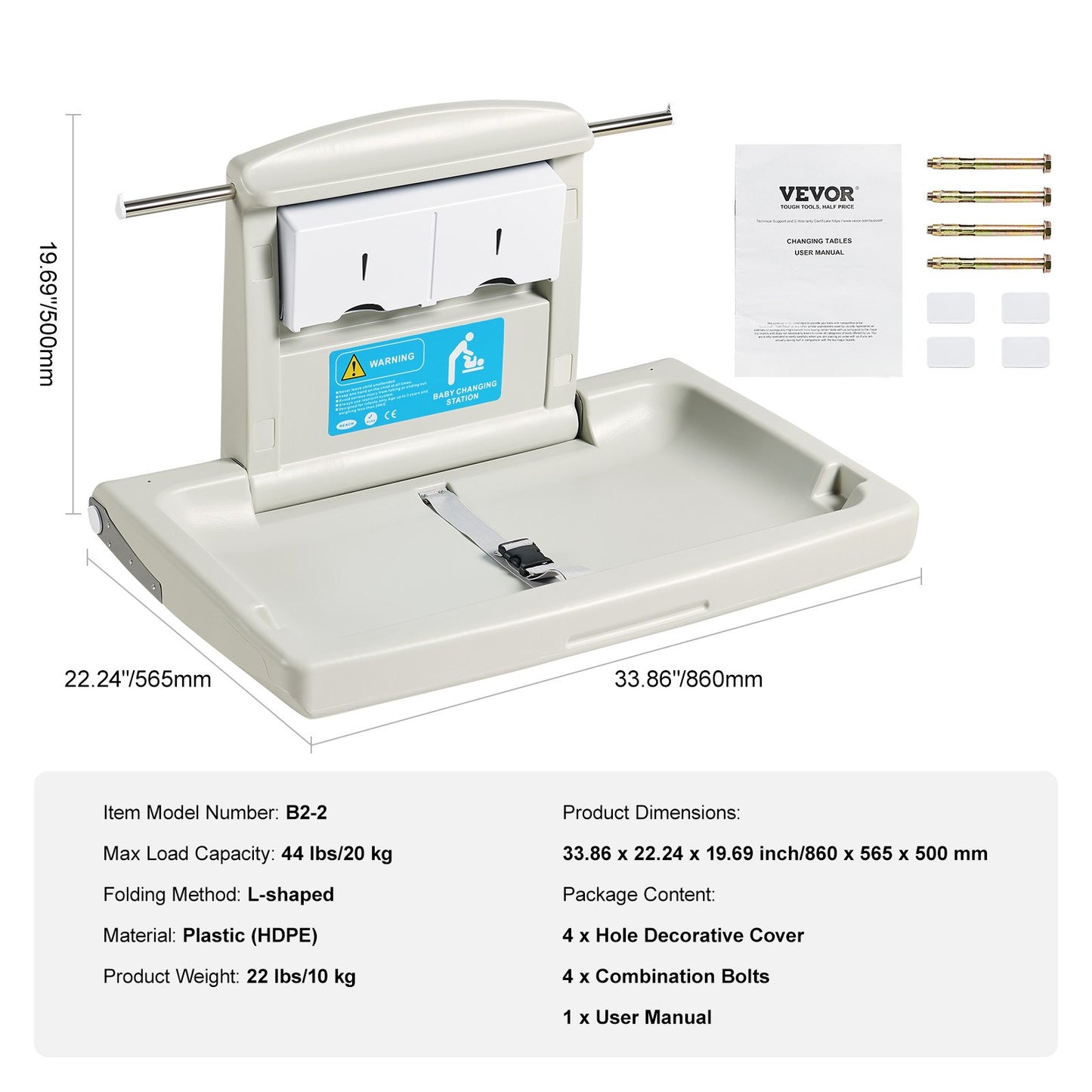 Wall-Mounted Baby Changing Station, Horizontal Foldable Diaper Change Table with Safety Straps and Hanging Rods, Use in Commercial Bathrooms, Daycare Centers for Newborns & Infant - Image 7