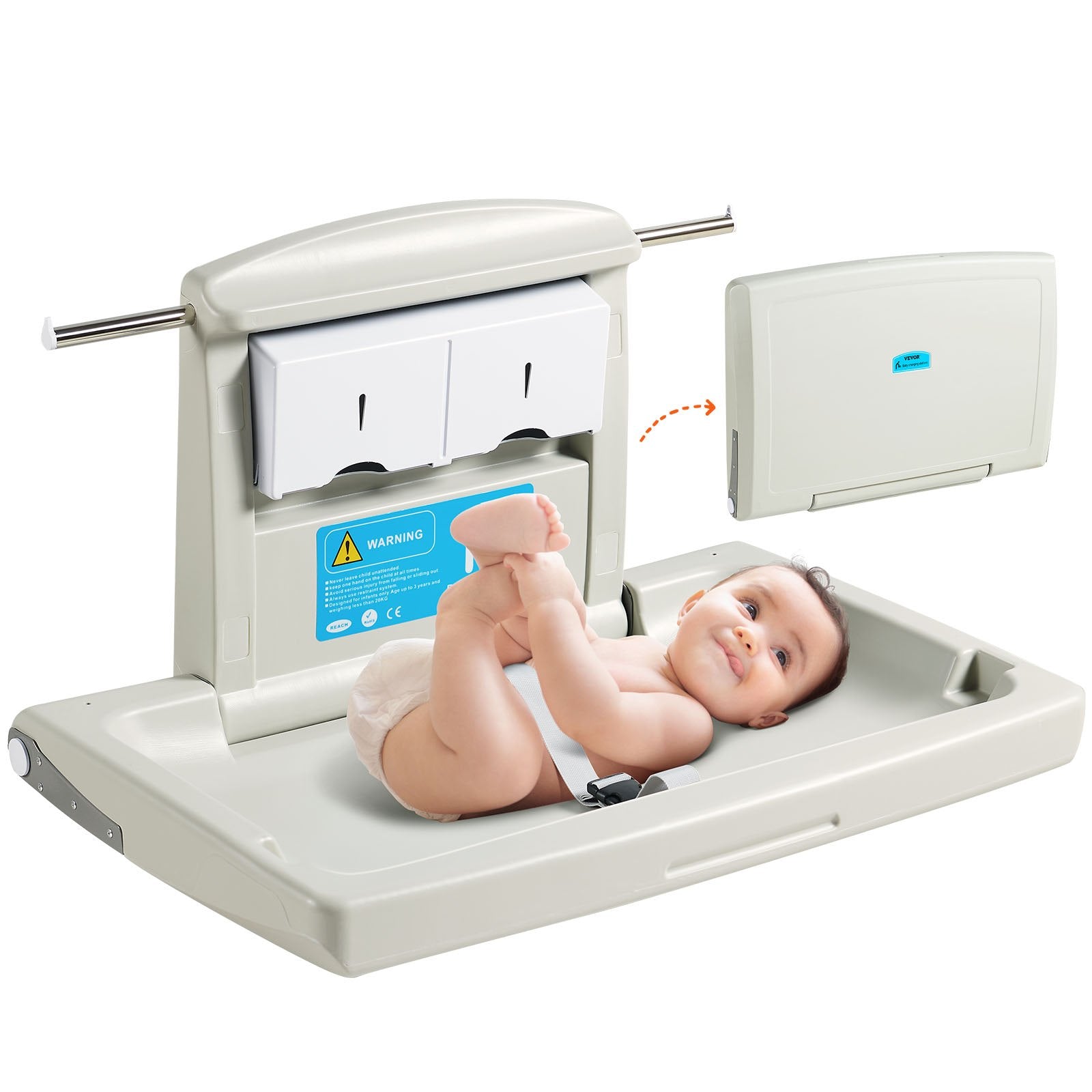 Wall-Mounted Baby Changing Station, Horizontal Foldable Diaper Change Table with Safety Straps and Hanging Rods, Use in Commercial Bathrooms, Daycare Centers for Newborns & Infant - Image 9