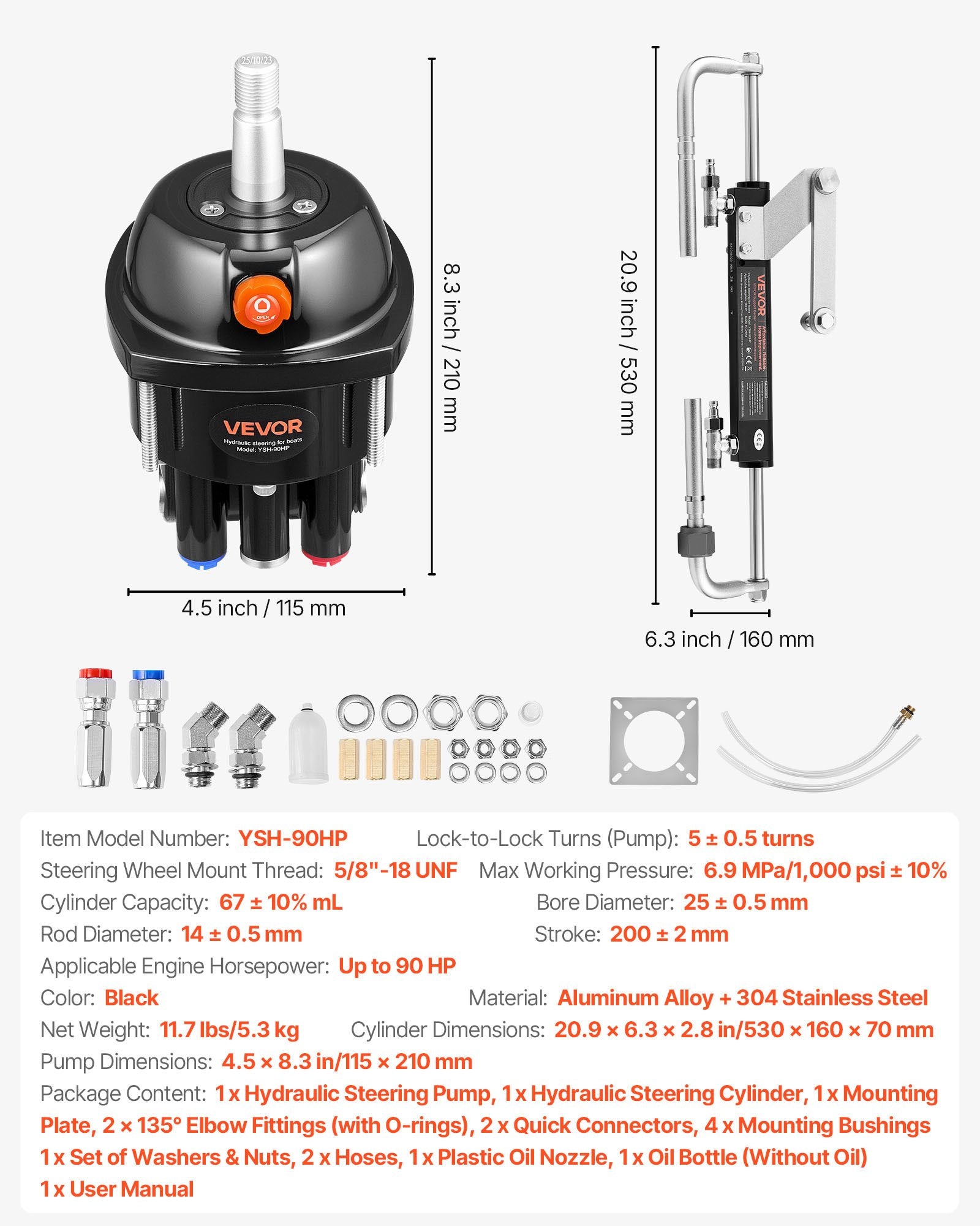 Hydraulic Steering Kit, 90 HP, Hydraulic Steering Helm Pump & Cylinder, with 6.9 MPa/1000 psi Max Working Pressure, Aluminum Alloy Housing, Check Valve, for Outboards Fishing Boats Sailboats - Image 7