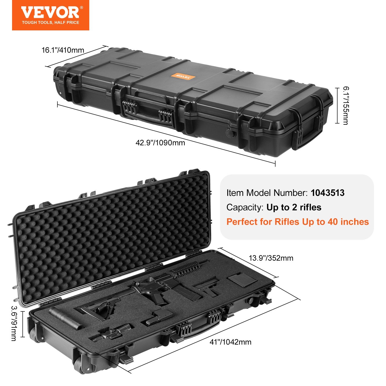 Rifle Case, Rifle Hard Case with 3 Layers Fully-protective Foams, 42 inch lockable Hard Gun Case with Wheels, IP67 Waterproof & Crushproof, for Two Rifles or Shotguns, Airsoft Gun - Image 7
