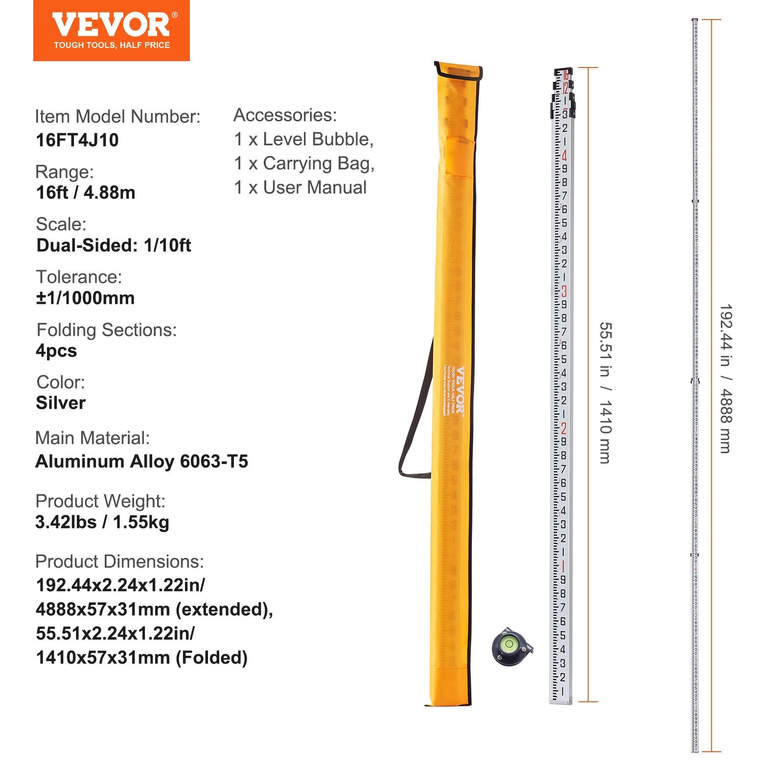 Measuring Rod 16-Feet/10ths 4 Sections Telescopic Grade Rod 1/10ft w/ Bag - Image 7
