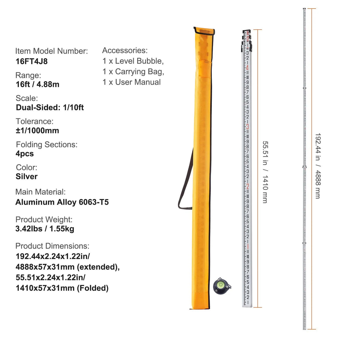 Measuring Rod 16-Feet/8ths 4 Sections Telescopic Grade Rod 1/8in w/ Bag - Image 7