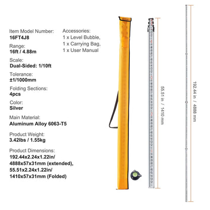 Measuring Rod 16-Feet/8ths 4 Sections Telescopic Grade Rod 1/8in w/ Bag - Image 7