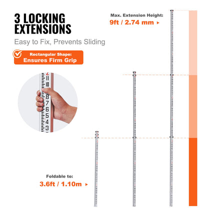 Aluminum Grade Rod, 9-Feet/8ths 3 Sections Telescopic Measuring Rod, Double-Sided Scale 1/8in Leveling Rod Stick,Aluminum Alloy Survey Rod with Bubble Level &Carrying Bag for Houses,Walls,Floors - Image 3