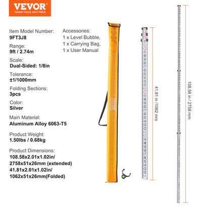 Aluminum Grade Rod, 9-Feet/8ths 3 Sections Telescopic Measuring Rod, Double-Sided Scale 1/8in Leveling Rod Stick,Aluminum Alloy Survey Rod with Bubble Level &Carrying Bag for Houses,Walls,Floors - Image 7