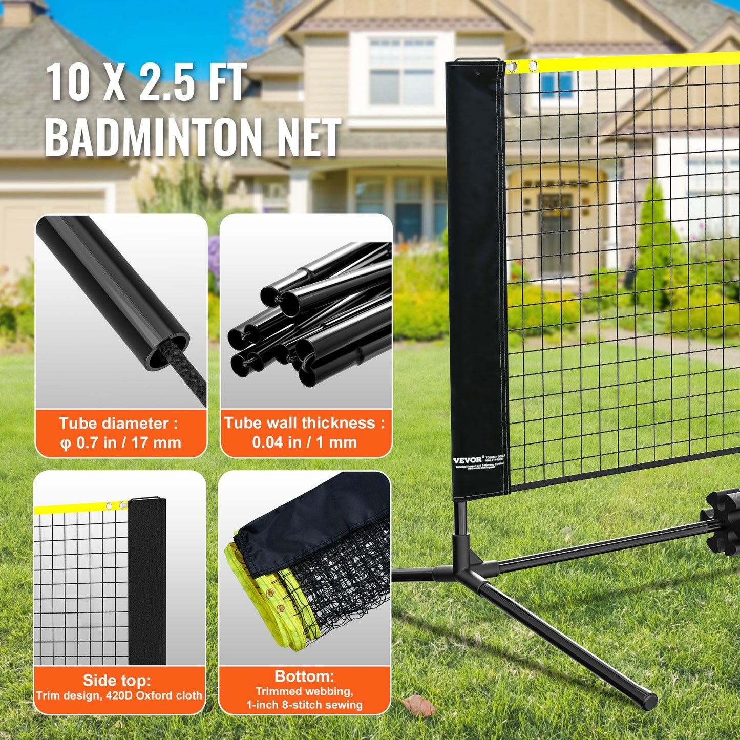 Badminton Net, Height Adjustable Volleyball Net, 10ft Wide Foldable Pickleball Net, Portable Easy Setup Tennis Net Set with Poles, Stand and Carry Bag, for Kids Backyard Game Indoor Outdoor Use - Image 4