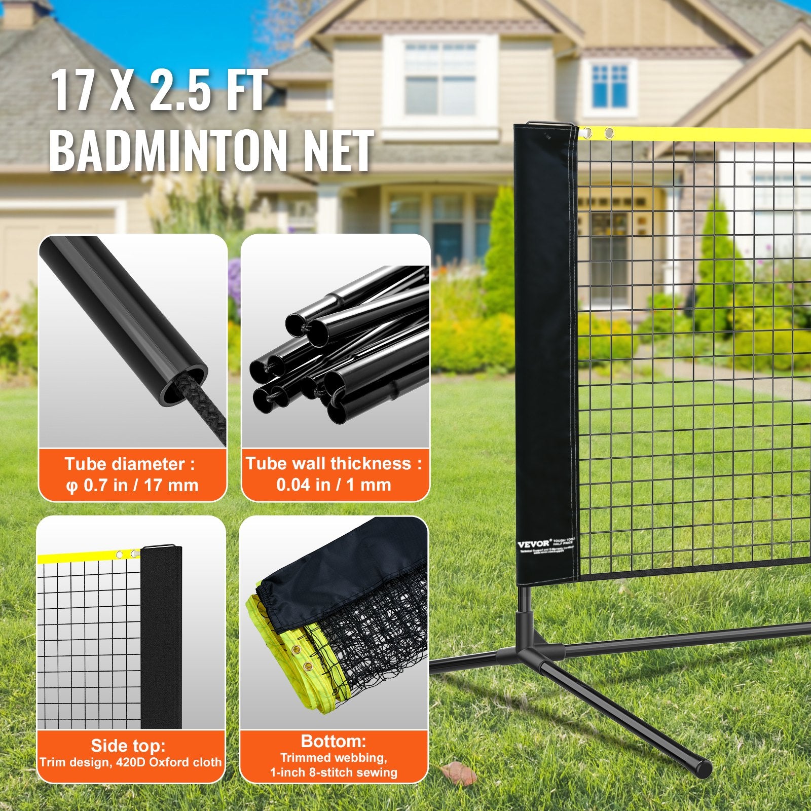 Badminton Net, Height Adjustable Volleyball Net, 17ft Wide Foldable Pickleball Net, Portable Easy Setup Tennis Net Set with Poles, Stand and Carry Bag, for Kids Backyard Game Indoor Outdoor Use - Image 4