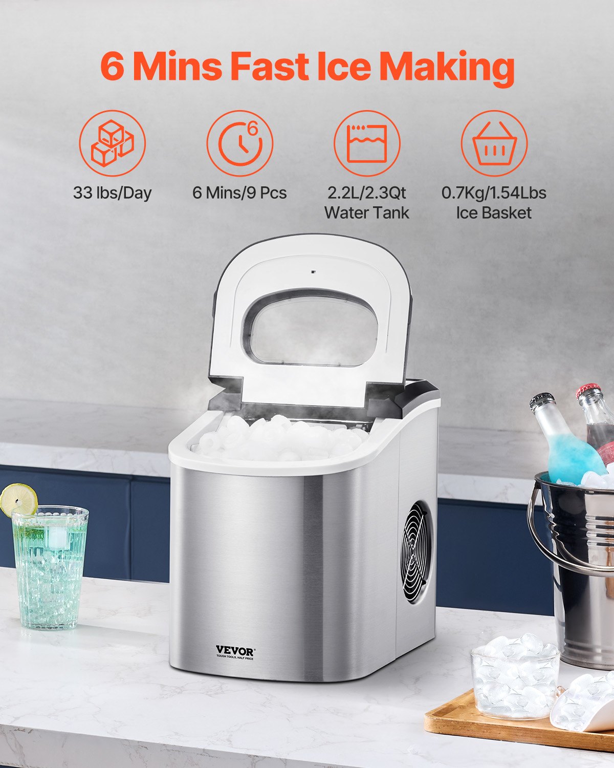 Portable Countertop Ice Maker 33Lbs/24H Self-Cleaning with Scoop Basket - Image 2