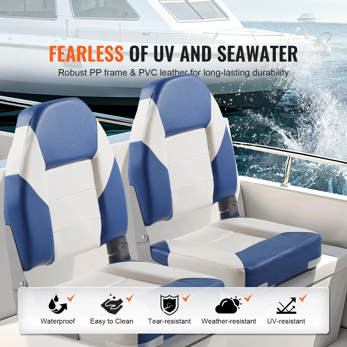 Boat Seats, 555 mm High Back Boat Seat, Folding Boat Chair with Thickened Sponge Padding and Hinge, Fold-Down Boat Captain Chairs for Fishing Boat, Sightseeing Boat, Speedboat, Canoe, 2-Pack - Image 4