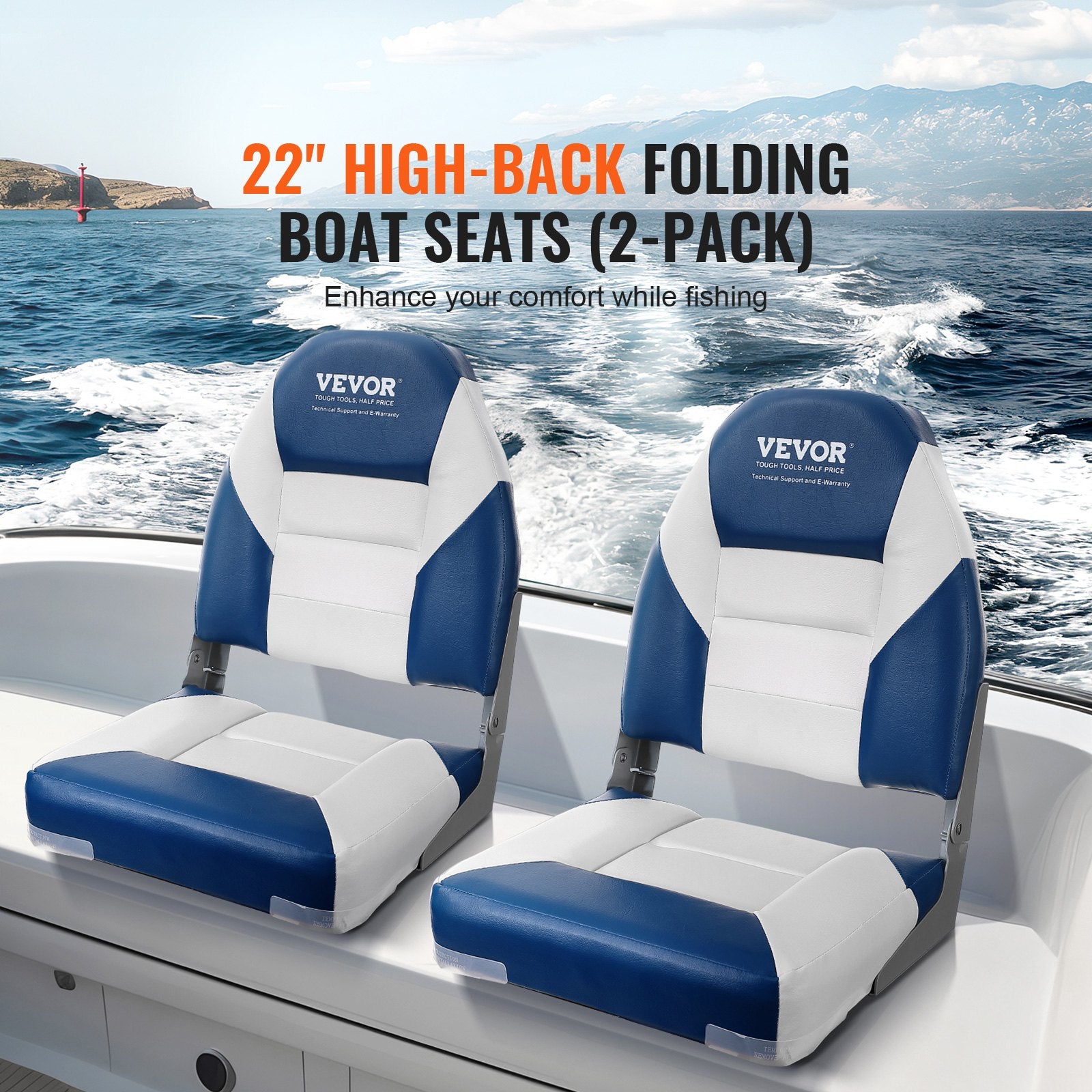 Boat Seats, 555 mm High Back Boat Seat, Folding Boat Chair with Thickened Sponge Padding and Hinge, Fold-Down Boat Captain Chairs for Fishing Boat, Sightseeing Boat, Speedboat, Canoe, 2-Pack - Image 2