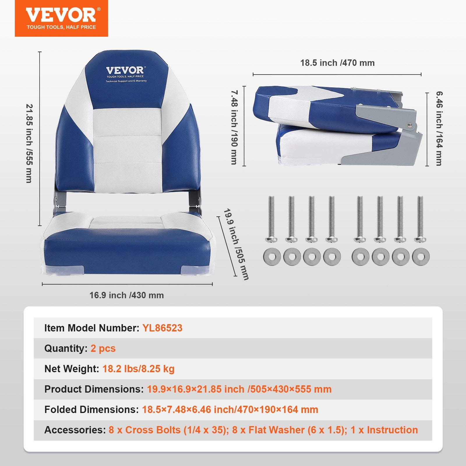 Boat Seats, 555 mm High Back Boat Seat, Folding Boat Chair with Thickened Sponge Padding and Hinge, Fold-Down Boat Captain Chairs for Fishing Boat, Sightseeing Boat, Speedboat, Canoe, 2-Pack - Image 7